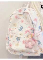 Cute Contrast Color Cartoon Print Backpack Versatile Soft Girl Schoolbag Large Capacity Bookbag Travel Rucksack Flower Charm Included Print Placement Is Random