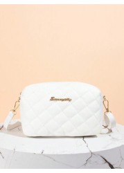 Quilted Zipper Square Bag Metal Letter Decor Shoulder Bag Adjustable Fashionable Girls Crossbody Bag Casual Phone Pouch