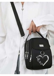 1pc Girl s Girl s Nylon Shoulder Bag With Heart And Butterfly Pattern Casual Mini Crossbody With Adjustable Strap Multi Layer External Headphone Hole Solid Color Secure Zip Closure Small Crossbody Bag