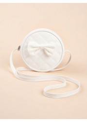 1pc Girls PU Quilt Plaid Bow Soft Sweet Round Mini Crossbody Bag Suitable For Daily Use