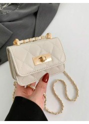1pc Diamond Chain Small Bag Girl s Crossbody Bag Fashionable Mini Embroidery Simple One Shoulder Small Square Bag Pu Material Lock Closure Suitable For Girls Daily Use Attending Parties Going Out Shop