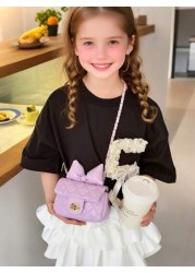 1pc Kids Bow Decor Coin Purse Embroidered Rhombus Mini Bag With Chain Fashionable Girls Crossbody Bag