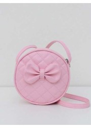 1pc Girl Pink PU Shoulder Bag With Bowknot Decor Fashionable Casual Small Round Crossbody Bag With Zipper Closure Suitable For Daily Use All Season