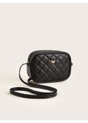 1pc Girls Black Pu Plaid Stitching Fashionable Square Shape Crossbody Bag For Everyday Use