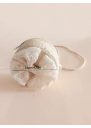 1pc Girls Lace Bowknot Straw Crossbody Bag Kids Coin Purse For Travel Beach