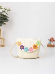 A Mini Children s Straw Bag Flap Bag Crossbody Bag Shoulder Bag Beach Bag Embroidered Applique Bag