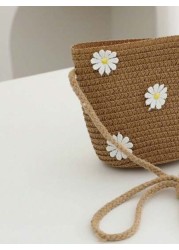 1pc Kids Cute Straw Daisy Shoulder Crossbody Bag Suitable For Daily Outings