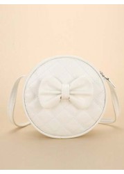 1pc Girl s White PU Shoulder Bag Fashionable Cute Bow Design Small Round Bag With Rhombus Embroidery Fits For Phone And Coins Zippered Closure Suitable For All Seasons