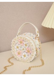 1pc Girls Floral Cute Sling Bag Zipper Closure Small Round Crossbody Bag For Outings