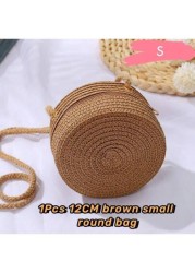 1Pc 12CM Brown Small Round Bag Beach Essentials Summer Essentials Women Bags For Vacation Holiday Wicker Bag Beach Purse Perfect For Summer Vacation Daily Use Travel Must Haves