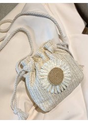 Girls Floral Graphic Drawstring Straw Bag