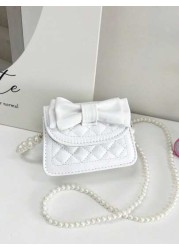 1pc Young Girl Casual Fashion Bowknot Rhombus Embroidery Thread Pearl Chain Crossbody Bag Suitable For Daily Use