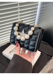 1pc Pu Fashion Simple Sweet Diamond Lattice Pearl Five Pointed Star Hand Held Evening Party Square Bag Niche Design Chain Shoulder Strap Comfortable And Versatile One Shoulder Crossbody Smooth And Not