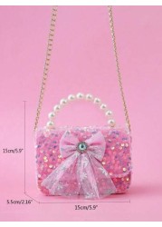 1pc Kids Sparkling Sequin Bow Decor PU Beaded Material Flap Closure Metal Chain Shoulder Strap Cute Beaded Handbag For Girls Sweet Shoulder Crossbody Bag For Snacks Coins Suitable For Christmas Birthd