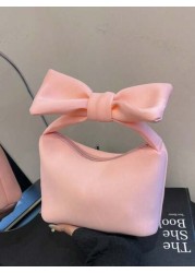 1pc New Japanese Style Big Bow Handbag Casual And Simple Zipper Design Pu Material High End Solid Color Matching Suitable For School And Travel Can Easily Accommodate Daily Necessities Versatile Items