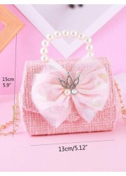 1pc Girls Cute Bow Crystal Crown Decor Chain Shoulder Crossbody Bag PU Material Flap Closure Casual Fashion Pearl Handbag Princess Bag Suitable For Festivals Daily Use