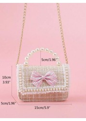1pc Mini Girls Bowknot Pearl Lace PU Metallic Chain Flap Cover Cute Handbag Shoulder Bag Children Snack Bag For Casual Outings And Holidays