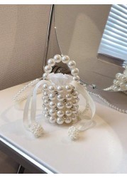 Girls Faux Pearl Beaded ABS Drawstring Satchel Bag