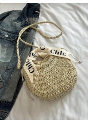 Letter Embroidery Woven Handle Shoulder Crossbody Bag Beach Vacation Tote