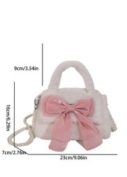 1 Pc Cute Mini Kids Pink Big Bow Soft Plush Handbag Fall Winter Pearl Shoulder Strap Crossbody Bag Lightweight Square Bags For Girls Students For Festivals Vacation Holiday Fashion Accessory