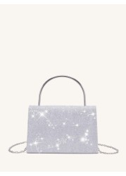 Glittering Evening Bag With Rhinestone Bow Decor Detachable Chain Strap Shoulder Bag Elegant Solid Color Party Clutch