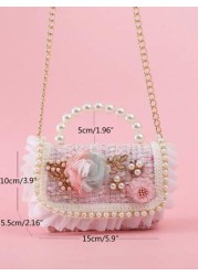 1pc Girls Ruffle Flower Leaf Metal Decor Pearl Sticker PU Wool Felt Multi Function Chain Closure Casual Beaded Handbag Children Princess One Shoulder Crossbody Bag Suitable For Holidays And Daily Use