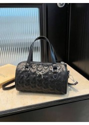 1 Pc New Design Girls Solid Color Heart Quilted Pattern Pu Material Barrel Shaped Handbag Adjustable Detachable Shoulder Strap For Crossbody Or Hand Carry Zipper Closure Stylish And Versatile For Outi