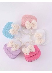 Fashionable Cute Bow Accent Shoulder Crossbody Bag With Elegant Pearl Lace Decor Beaded Handle