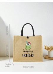 1 Pc Simple Linen Summer Element Print Tote Bag For Big Children Large Capacity Travel Bag Square Bag Gift Bag Shopping Bag Portable Button Closure Handbag For Daily Class And Back To School Shopping