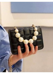 1 Piece Pu Magnetic Buckle Niche Design Solid Color Square Mini Pearl Handbag Ins Korean Exquisite Chain Shoulder Messenger Bag Shoulder Strap Comfortable Smooth And Versatile Suitable For Daily Outin