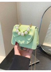 1 Piece Pu Magnet Closure Fashion Sweet Lychee Pattern Faux Pearl Bow Handbag Niche Design Highly Attractive Chain Mini Shoulder Crossbody Change Lipstick Bag Suitable For Teenagers Travel Shopping Pa