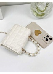1pc Mini Girl s Gingham PU Flap Bag Versatile Pearl Handbag For Daily Use