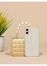 1pc Mini Girl s Textured Plaid PU Flap Minimalist Versatile Pearl Handbag Suitable For Daily Use