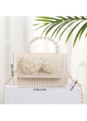 Straw Crossbody Bag Portable Faux Pearl Beaded Lace Bow Decor Handbag Ideal Gift Choice