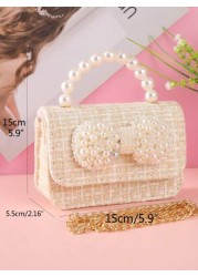 1pc Kids Large Size Pearl Bow Decor PU Solid Striped Pattern Snap Closure Metal Chain Strap Cute Simple Beaded Handbag Crossbody Bag For Girls Fit For Daily And Holiday Use