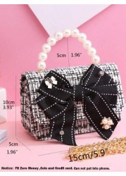 1pc Mini Kid s Fabric Bowknot Rhinestone Pearl Decor Striped PU Magnetic Closure Chain Strap Fashion Handbag Shoulder Bag Cute Girls Princess Bag Suitable For Holidays Daily Use And Birthday Gift
