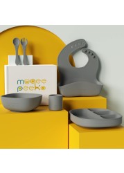 Muqee Peeko Baby Feeding Set 6 Piece Pebble Gray Includes Suction Bowl Plate Silicone Bib Spoon Fork for Toddlers Kids Dinnerware