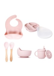 NAZIRABABY 8 Piece Baby Feeding Set Suction Silicone Suction Bowls Divided Plates Straw Sippy Cup Toddler Self Feeding Eating Utensils Set with Bibs Spoons Fork Flamingo Rose