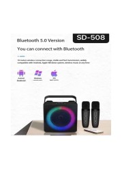 SD508 المنزل كاريوكي مكبر صوت بخاصية البلوتوث قابل للنقل ميكروفون لاسلكي مزدوج تلفزيون مباشر راديو FM TF بطاقة USB مضخم صوت مركز الموسيقى الصوت
