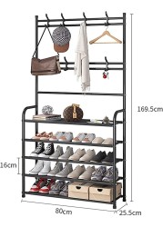 Dreamons link Coat Rack,3-in-1 Hall Tree Shoe Bench with Coat Hat Umbrella Rack,Storage Shelves with 8 Hooks, Multifunctional Hallway Organizer (Black)