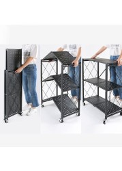 Uujuly Foldable Metal Storage Shelf, Space Saving 3-Tier Kitchen Shelving Storage Rack, Large Capacity Iron Wire Collapsible Shelves Organiser For Bedroom Living Room Office Garage No Assembly (Black)