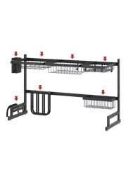 Radiotronics Over Sink Dish Drying Rack Kitchen Counter Storage Shelf Drainer Organizer Utensils Holder Stainless Steel, Black