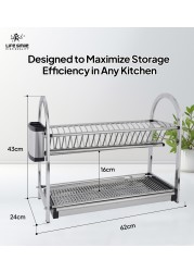 LIFE SMILE Dish Rack - 2 Tier Countertop Dish Drying Stand With Removable Drip Tray - 18/10 Stainless Steel with Removable Utensil Holder - Anti Slip and Rust Proof Dish Drainer