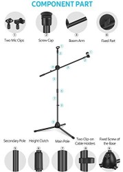 Mike Music Microphone Stand, Upgraded Mic Stand With Dual Mic Clip Holders Adjustable Collapsible Tripod Boom Stands (M2)