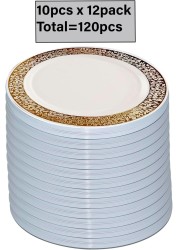 9&quot; Disposable Plastic Plates, White &amp; Gold Color, 35g Weight, Pack of 120 Plates