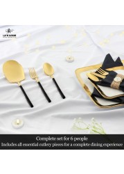LIFE SMILE Cutlery Set, 18/10 Pure Stainless Steel Flatware Set with Stand, Rust Proof &amp; Fade Proof Dinnerware Set (SHINY GOLD HEAD &amp; SHINY BLACK HANDLE, 38 Pieces)