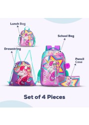 Eazy Kids - 18&quot; Set of 4 School Bag Lunch Bag Activity Bag &amp; Pencil Case Unicorn-Pink