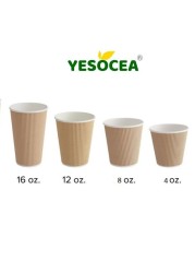 YESOCEA [50 مجموعة] 12 أوقية. أكواب قهوة كرافت للاستعمال مرة واحدة مع أغطية - أكواب ورقية ثلاثية تموج بني اللون الساخن للشاي والمشروبات للذهاب