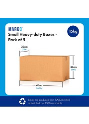Markq [5 Pack] Small Double Wall 100% Recyclable Corrugated Cardboard Moving Boxes with 15 KG capacity, 41 x 33 x 33 cm Brown Carton for Packaging, Shipping and Storage, 5 ply