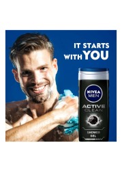 NIVEA MEN 3in1 Shower Gel Active Clean Charcoal Woody Scent 250ml Pack of 2